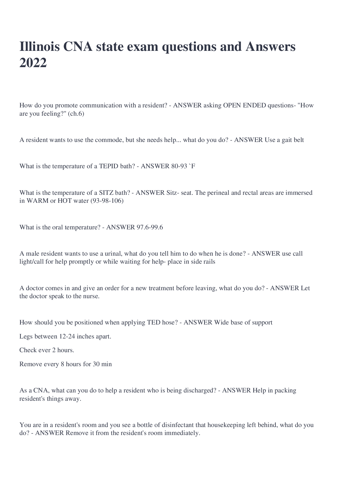 Preview of Illinois CNA state exam questions and Answers 2022